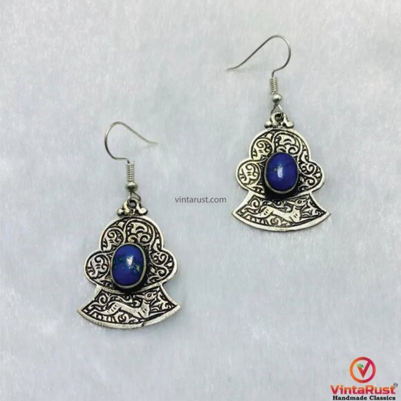 Turkman Style Lapis Lazuli Earrings: Unique Gemstone Light Weight Dangle Earring - Picture 2 of 5